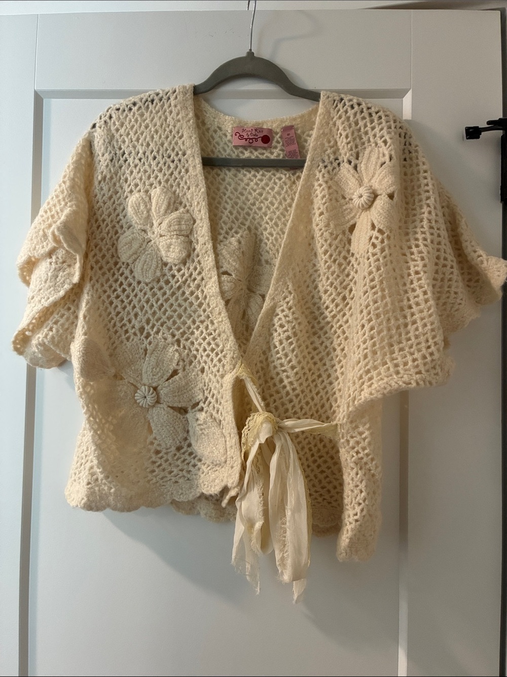Cream Floral Crochet Tie-Front Women's Sweater